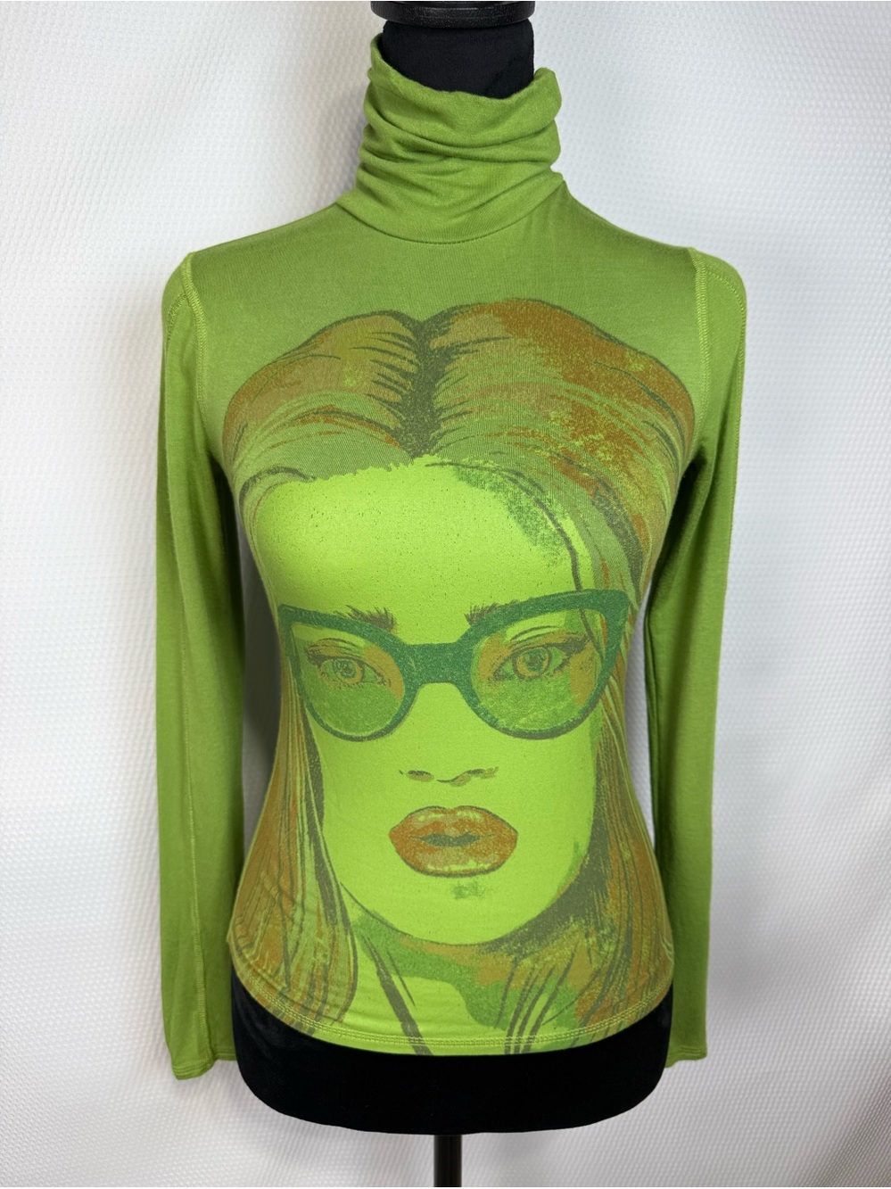 Urban Outfitters Green Graphic Girl Turtleneck Top Size Small Retro Y2K